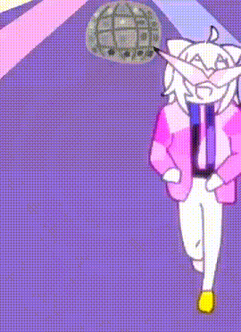 a cartoon character is dancing on a purple background with a disco ball above her head .