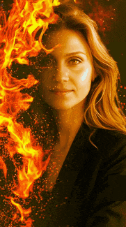 a woman 's face is surrounded by flames and sparks