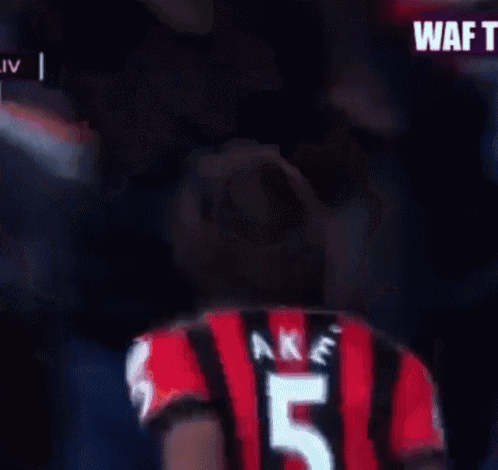 a man wearing a red and black striped jersey with the number 5 on it