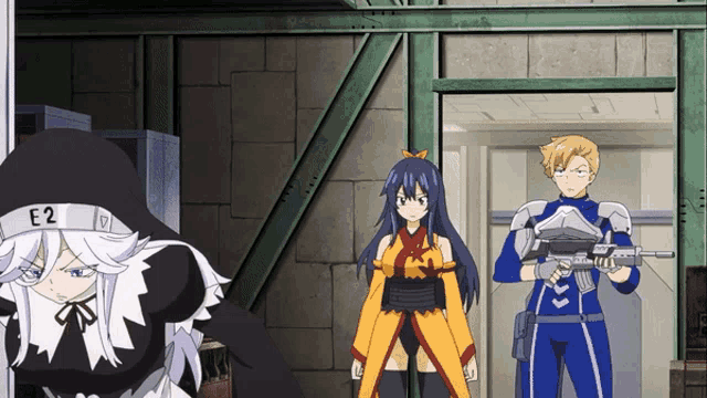 a girl with e2 on her head is standing next to a man holding a gun
