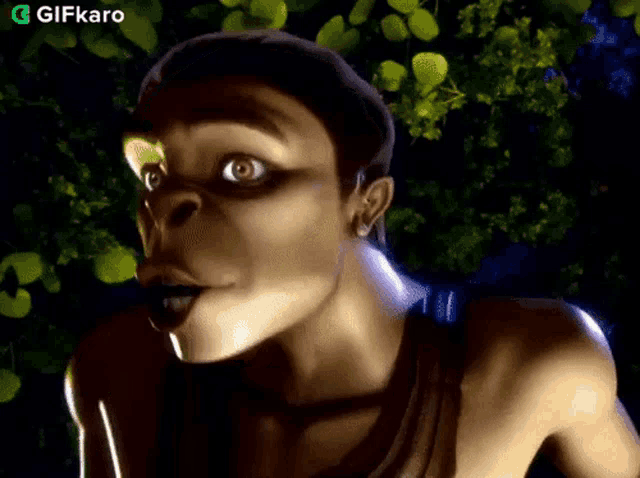 a close up of a cartoon character 's face with a gifkaro logo in the background