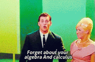 a man in a suit and tie stands next to a woman in a pink dress and says " forget about your algebra and calculus