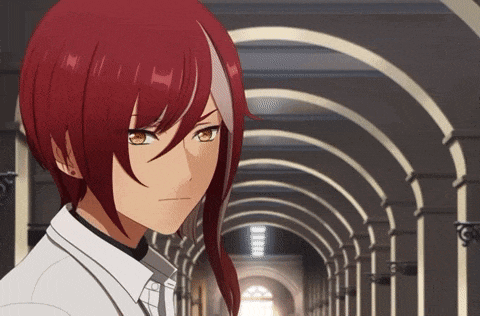 a red haired anime character is standing in a hallway with arches