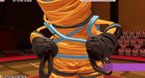 a video game character is wrapped in ropes and has a purple stripe on the bottom
