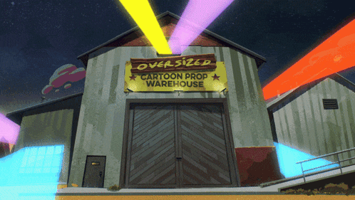 an illustration of an oversized cartoon prop warehouse with lights shining on it