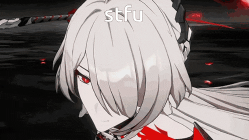 a girl with white hair and red eyes has the word stfu on her face