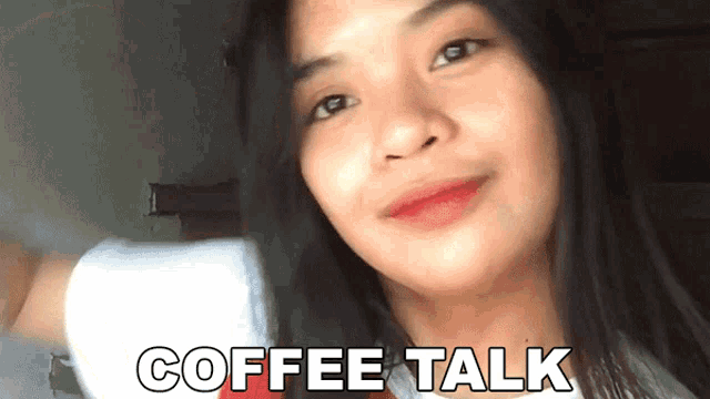 a woman is smiling with the words coffee talk written below her