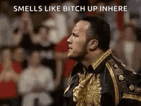 the rock is standing in front of a crowd and smells like bitch up in here .