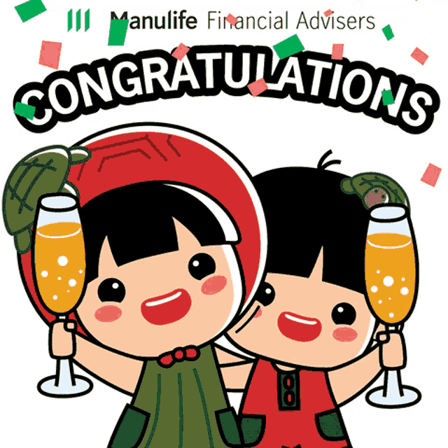 two cartoon characters holding champagne glasses and the words congratulations