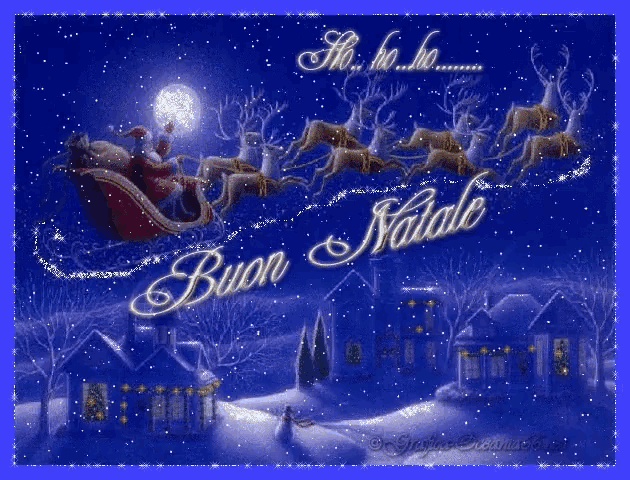 a christmas card that says buon natale with santa in a sleigh pulled by reindeer