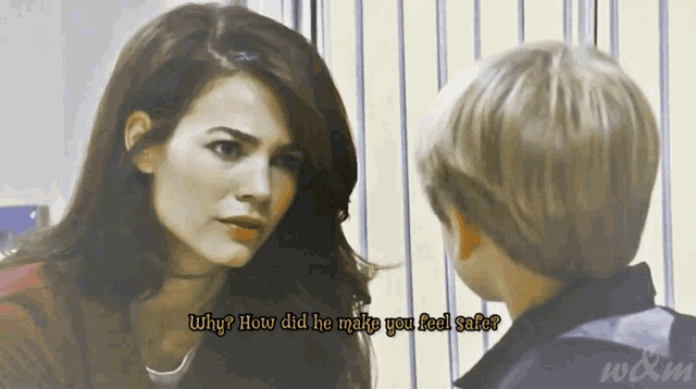 a woman talking to a boy with the words why how did he make you feel safe on the bottom