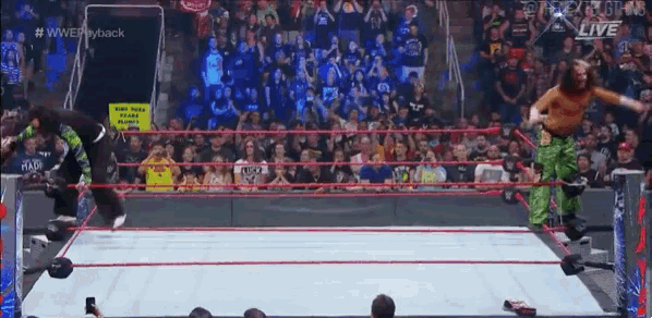 two wrestlers are in a wrestling ring with a crowd in the background .