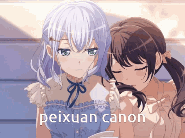 two anime girls are sitting next to each other with the words peixuan canon below them