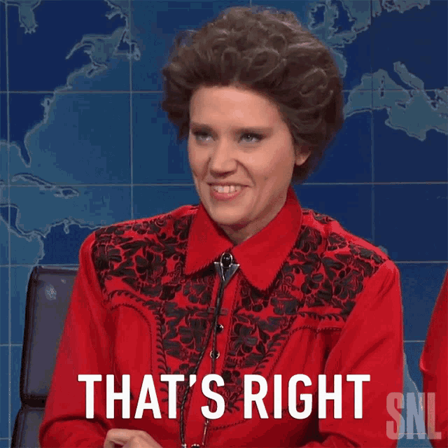 a woman in a red shirt says " that 's right "