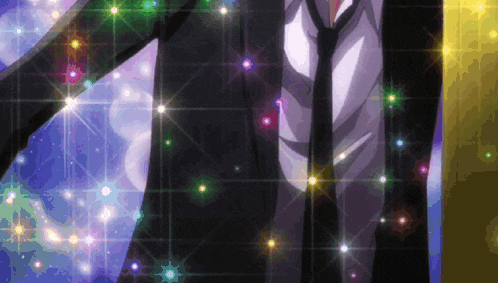 a man in a suit and tie is surrounded by glowing stars