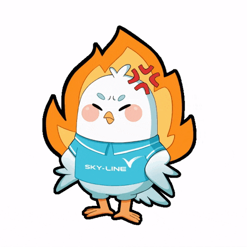 a cartoon bird wearing a sky-line shirt