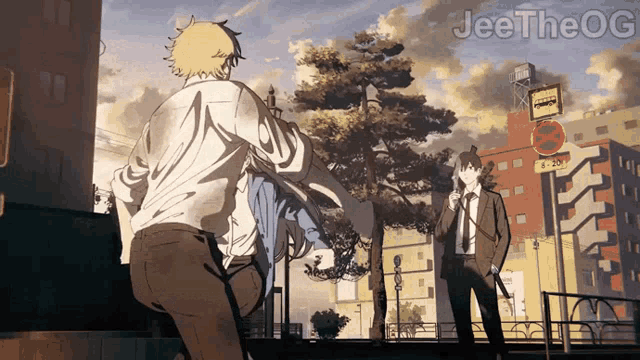 a cartoon of a man in a suit talking to another man with jeetheog in the corner