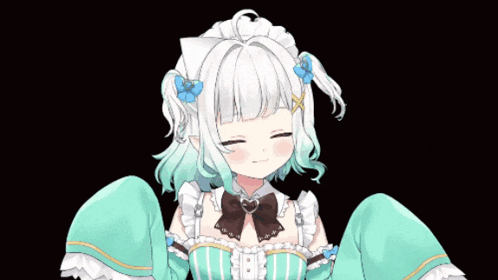 a girl with white hair and green highlights is wearing a green dress