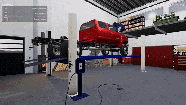 a red truck is sitting on a lift in a garage with a sign that says ' velen ' on it