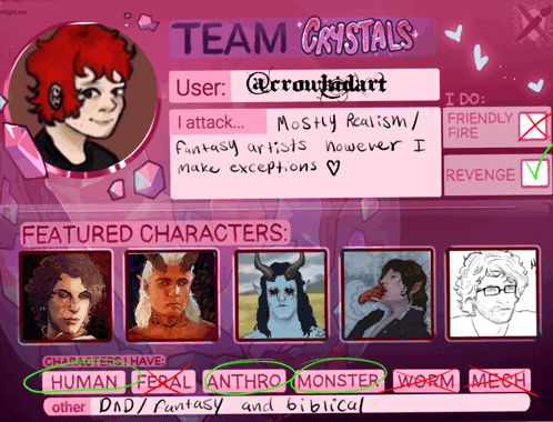 a screenshot of a person 's profile that says ' team crystals ' on it