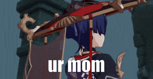 a cartoon character is holding a sword and says " ur mom " on the bottom