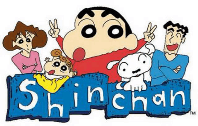the logo for shinchan shows a group of cartoon characters standing next to each other on a blue sign .
