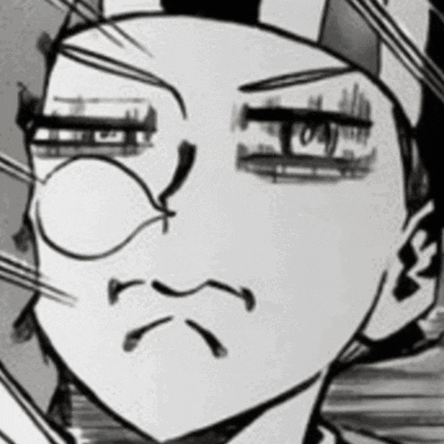 a black and white drawing of a person 's face with a smirk on it .