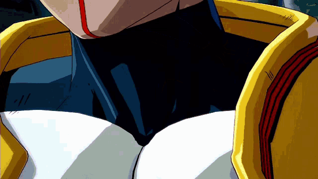 a close up of a cartoon character 's chest with a yellow jacket on