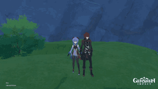 a couple of anime characters standing next to each other in a game called genshin impact