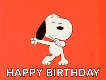 snoopy is dancing on a red background with the words `` happy birthday '' below him .