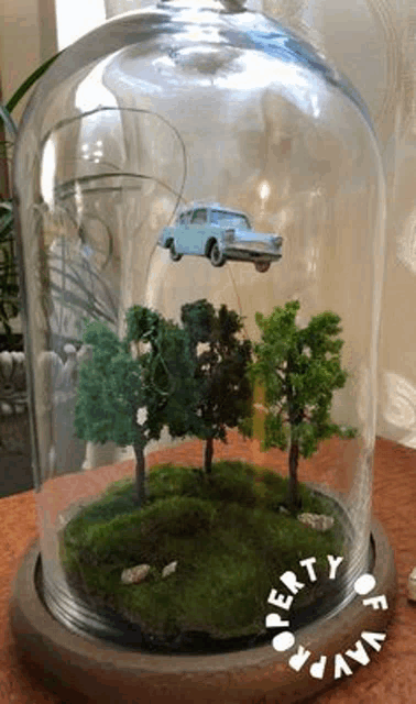 a blue car is flying through the air in a glass dome .