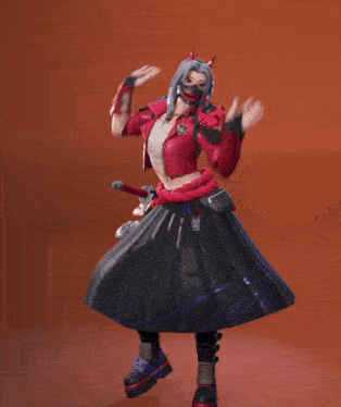 a woman in a red jacket and black skirt dancing with her hands in the air