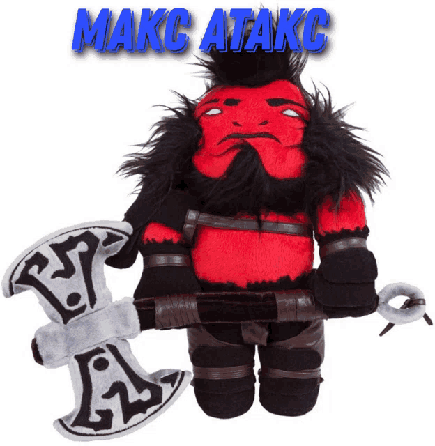 a stuffed toy of a man with a beard holding a large axe with the word makc atakc above him