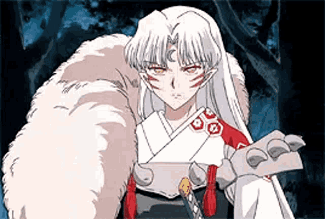 a cartoon character with long white hair and a fur coat is holding a sword in his hand .