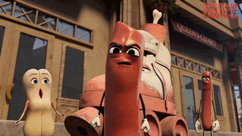 a group of sausages are standing in front of a building that says queen 's club