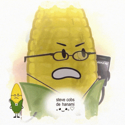 a corn on the cob with glasses and a cell phone that says steve cobs de hanami