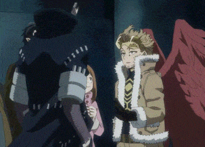 a group of anime characters are standing next to each other and one of them has wings .