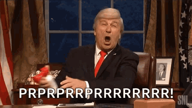 a man in a suit and tie is sitting at a desk holding a can of coca cola and yelling .