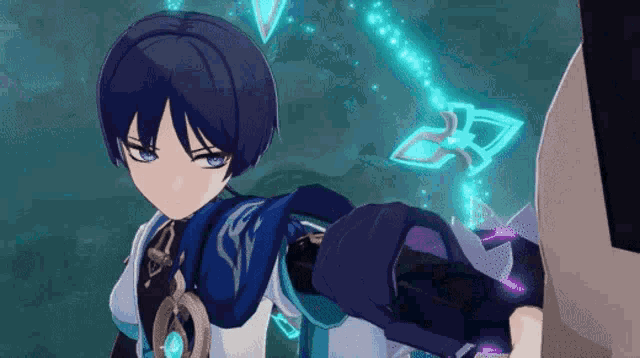 a cartoon character with blue hair and blue eyes is holding a gun .