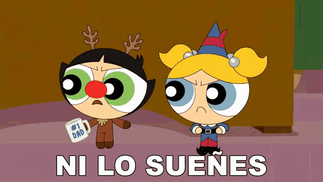 a couple of cartoon characters standing next to each other with the caption ni lo suenes