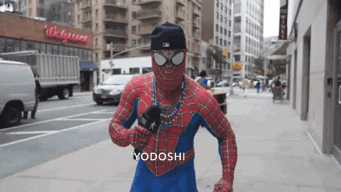 a man in a spiderman costume is holding a microphone and says yodoshi on the bottom
