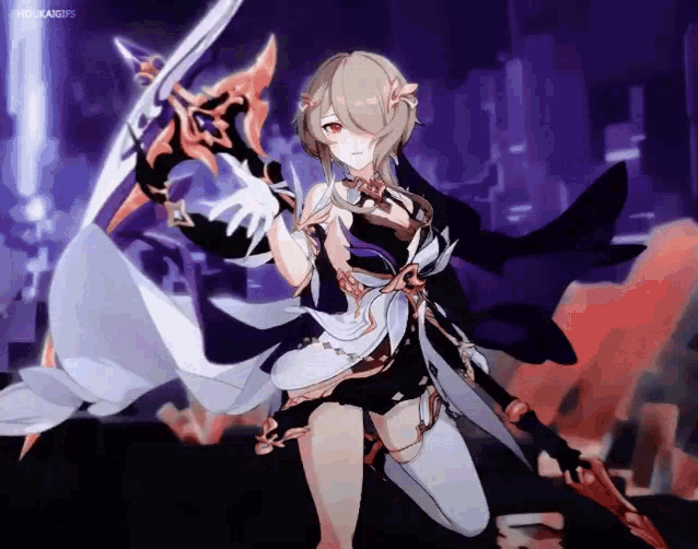 a girl is holding a sword in a video game with a purple background and the word fangifs on the bottom