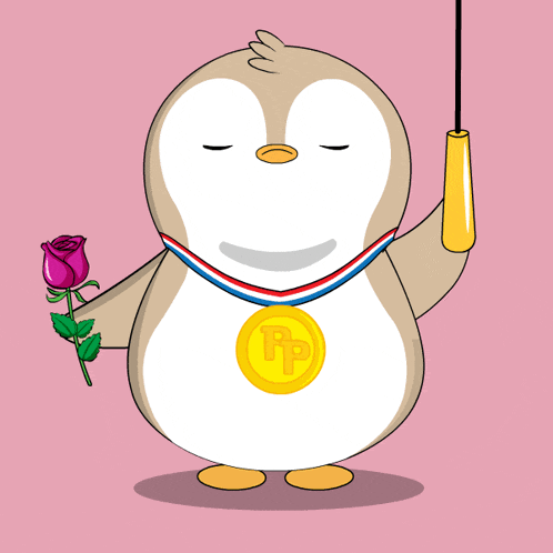 a penguin with a gold medal around his neck holds a rose and says sorry