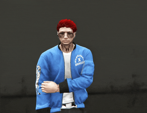 a man with red hair is wearing a blue jacket that says bioneer on it