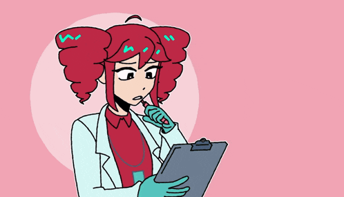 a cartoon drawing of a girl with red hair wearing a lab coat