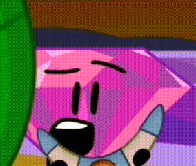 a cartoon character with a face is holding a pencil in front of a pink diamond .
