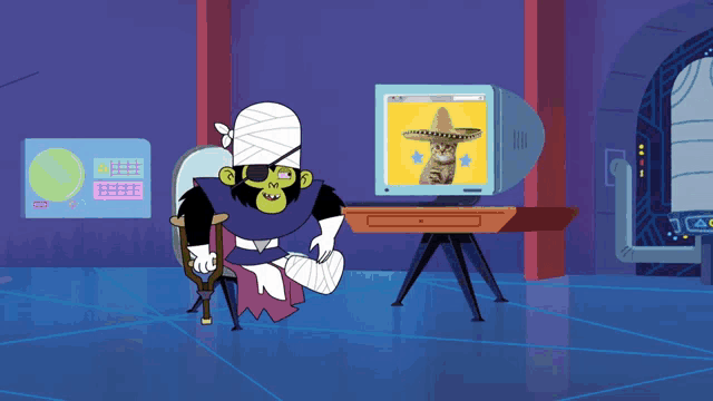 a cartoon character with a bandage on his head sitting in front of a television