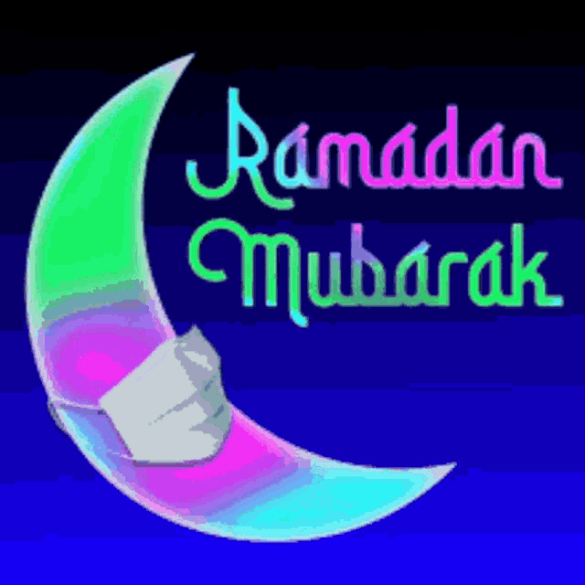 a colorful crescent moon with the words " ramadan mubarak " on it