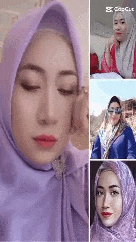 a woman wearing a purple hijab is shown in a collage of four photos