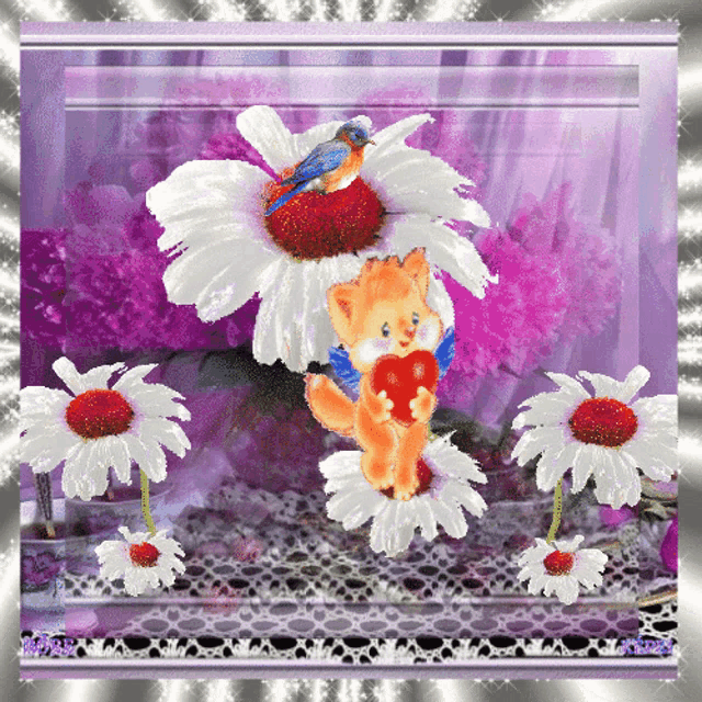 a picture of a cat holding a heart and a bird on top of a flower